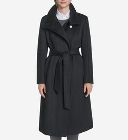 Women's Slick Wool Belted Coat-Black