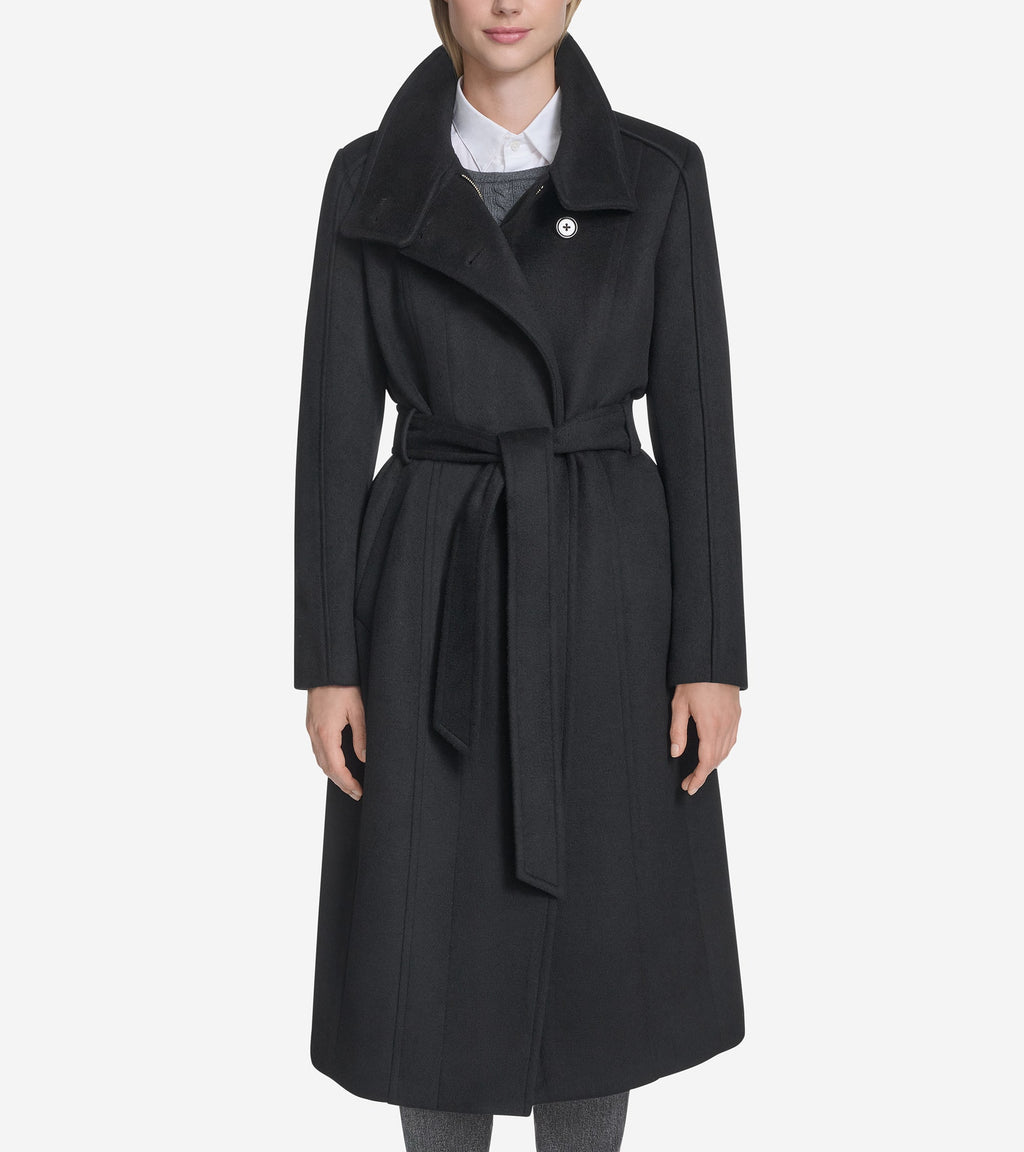 Women's Slick Wool Belted Coat-Black