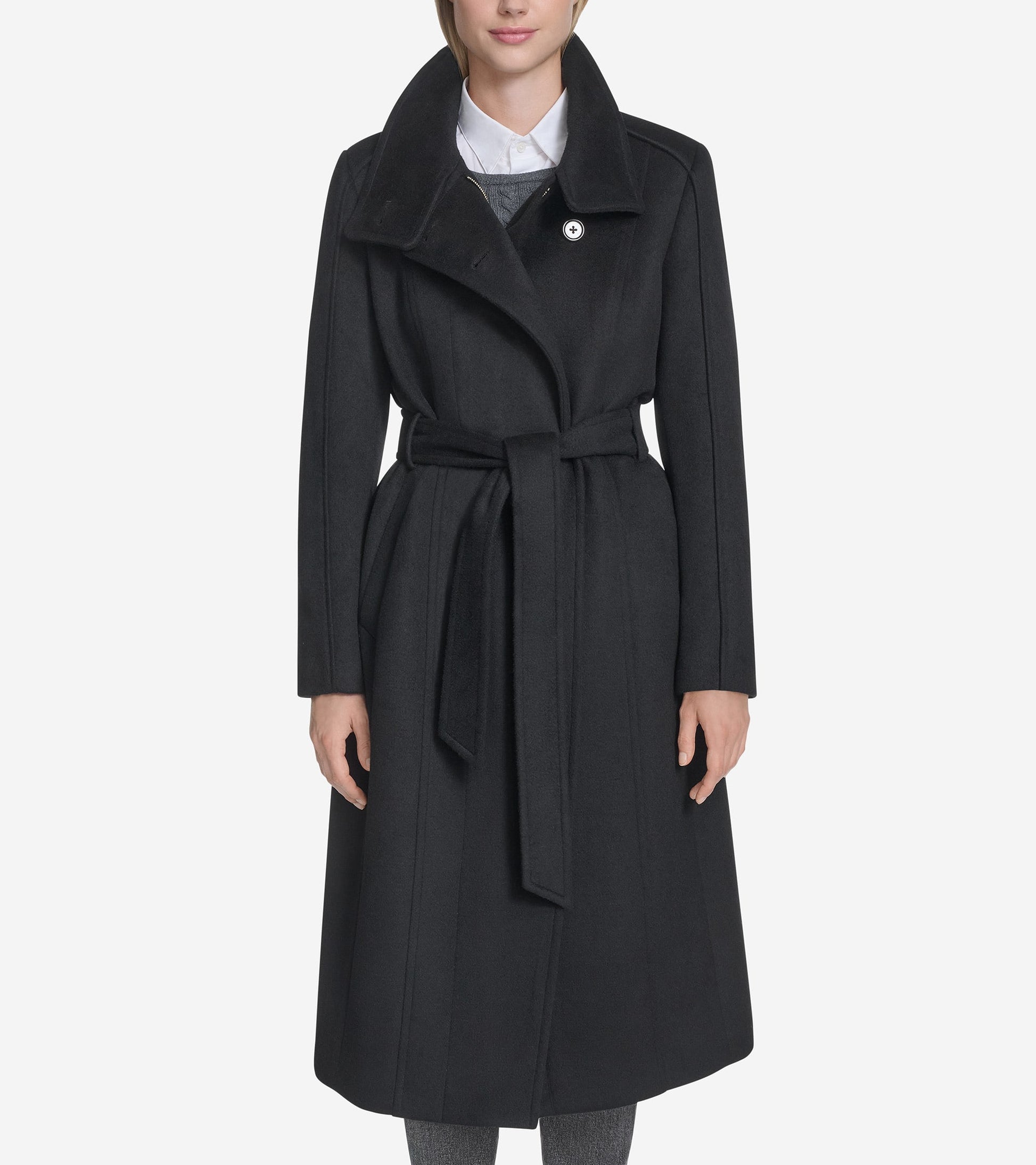 Women's Slick Wool Belted Coat-Black
