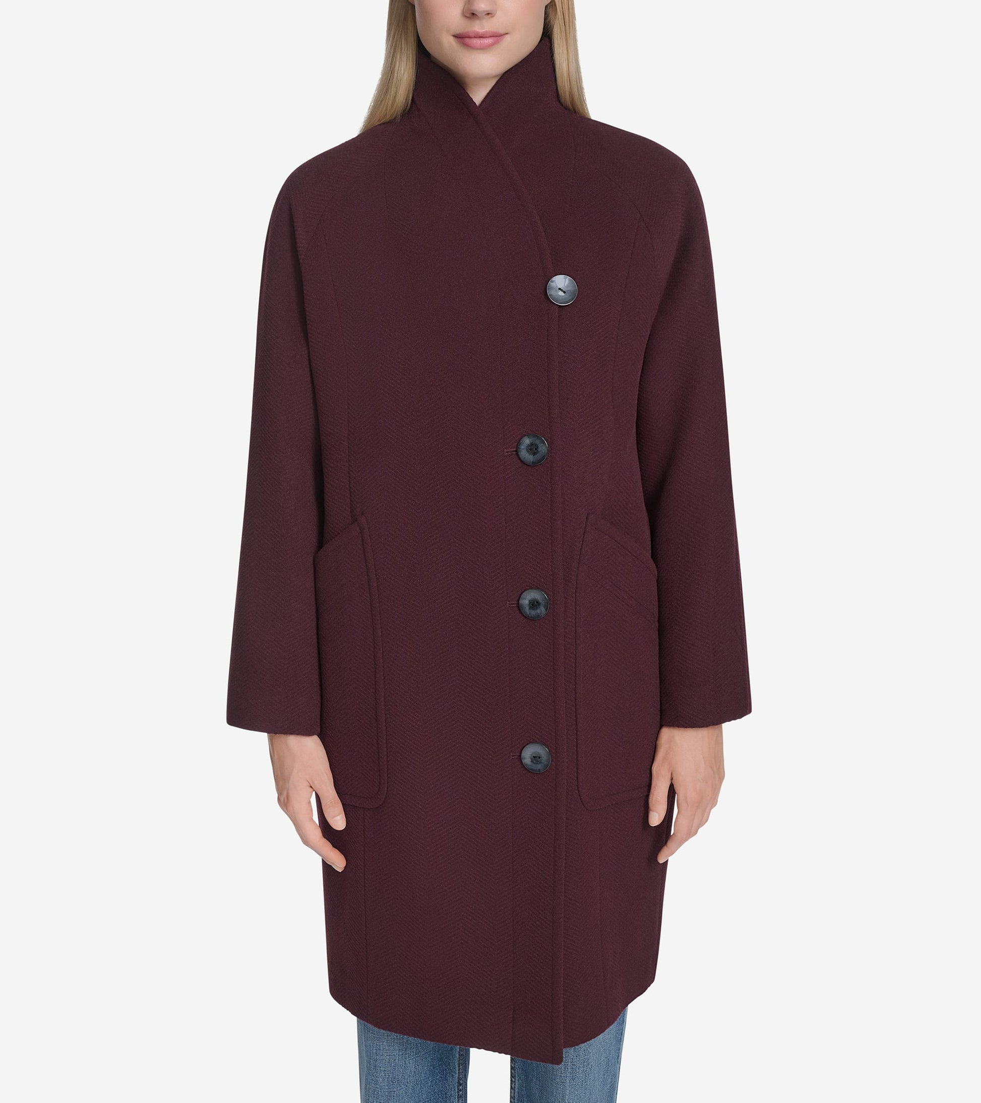 Women's Chevron Wool Coat-Burgundy