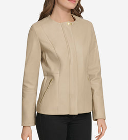 Women's Collarless Leather Jacket-Cream
