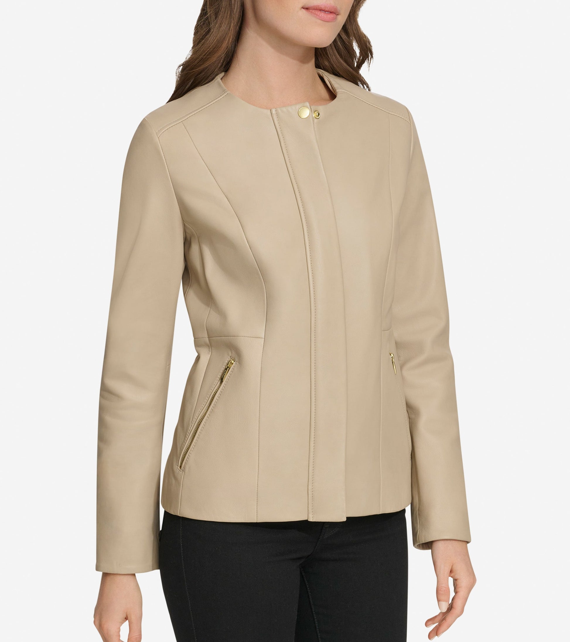 Women's Collarless Leather Jacket-Cream