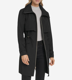 Women's Zip Up Trench Coat with Stow Away Hood-Black