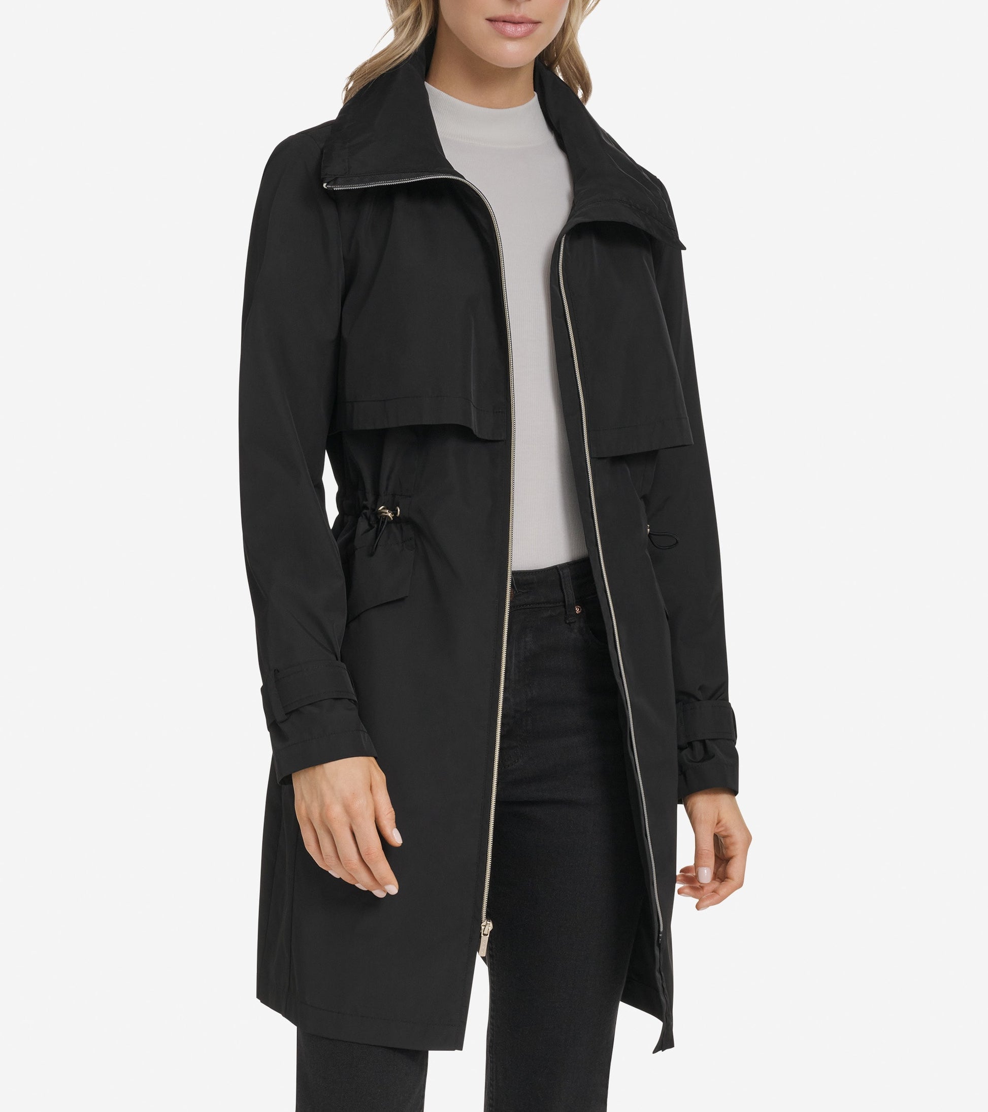 Women's Zip Up Trench Coat with Stow Away Hood-Black