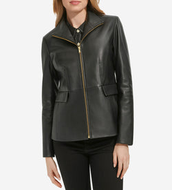Women's Wing Collar Zip Up Leather Jacket-Black