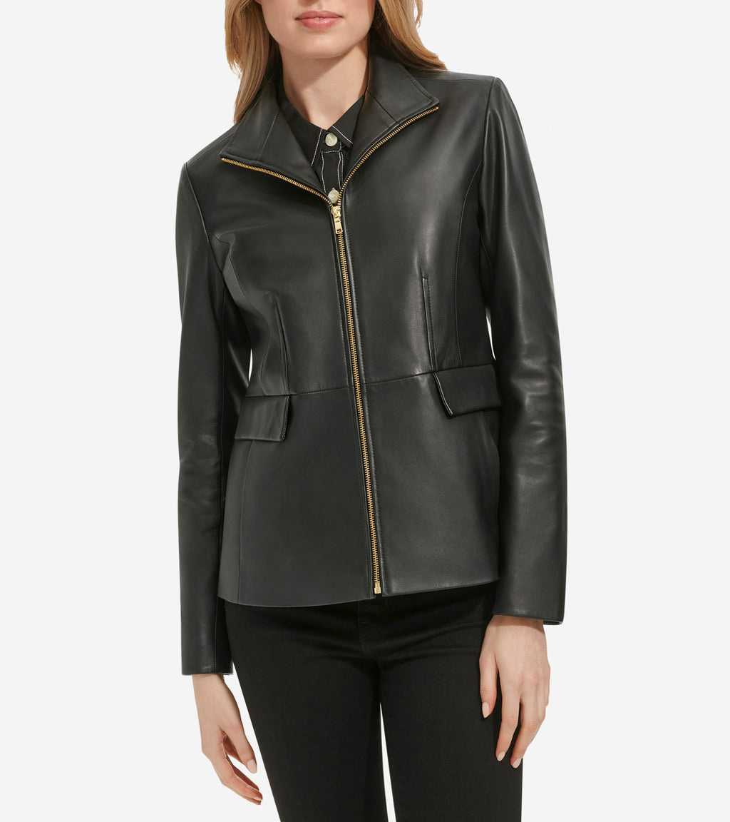 Women's Wing Collar Zip Up Leather Jacket-Black