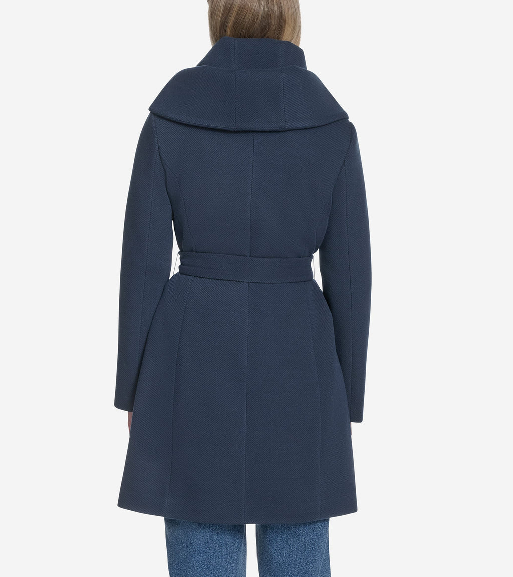 Women's Belted Asymmetrical Zip Front Twill Coat-Navy
