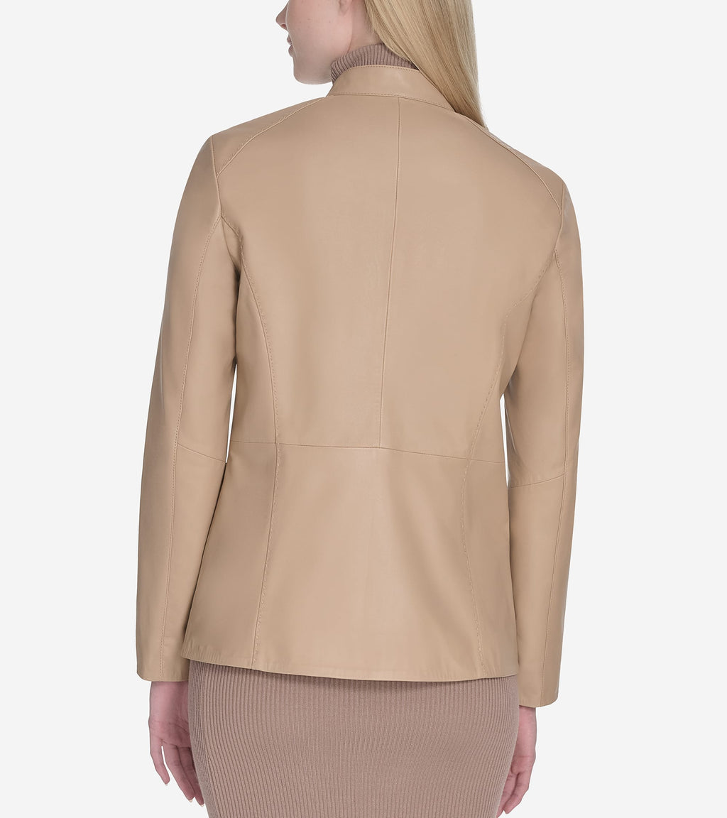 Women's Stand Collar Leather Jacket-Sesame