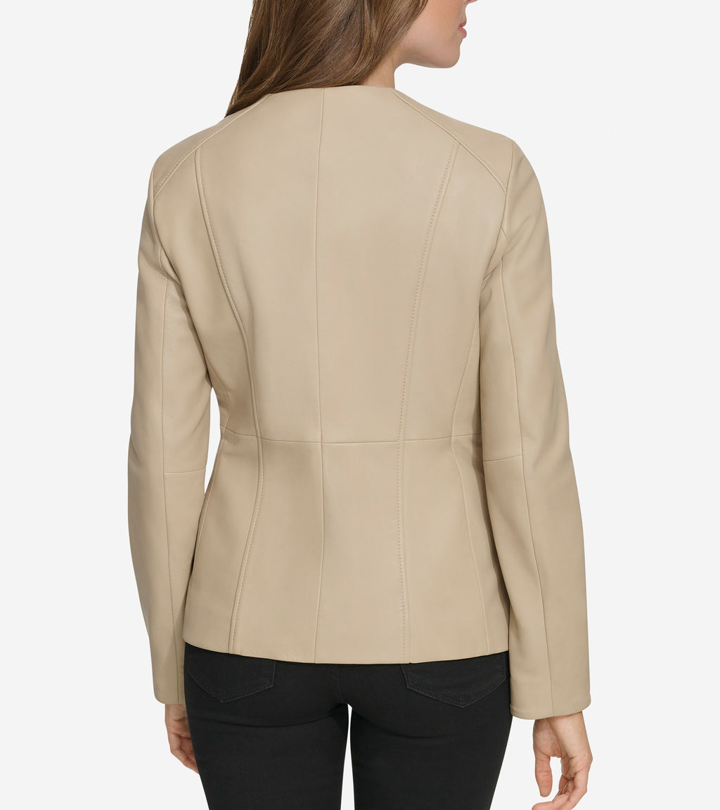 Women's Collarless Leather Jacket-Cream