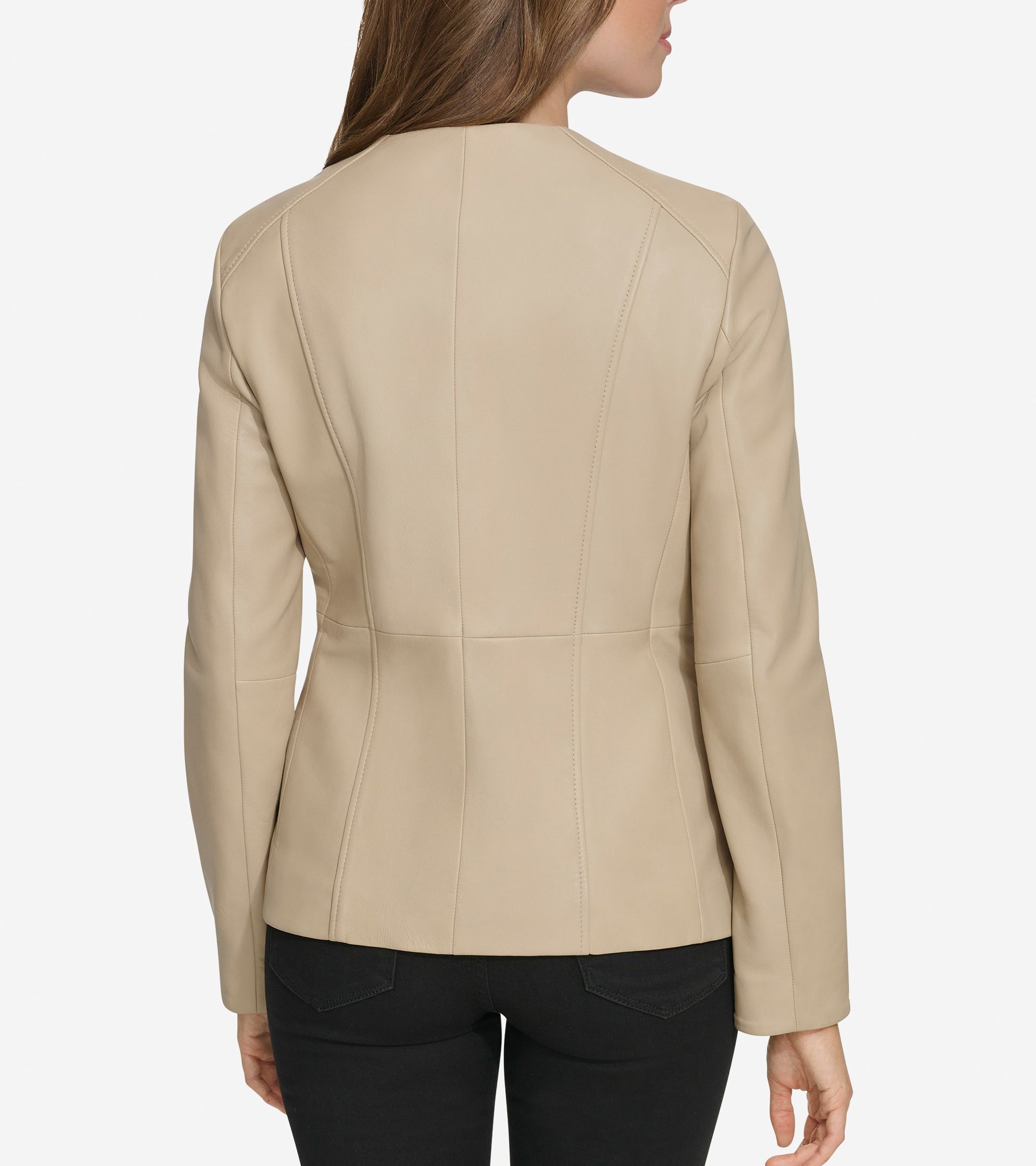 Women's Collarless Leather Jacket-Cream