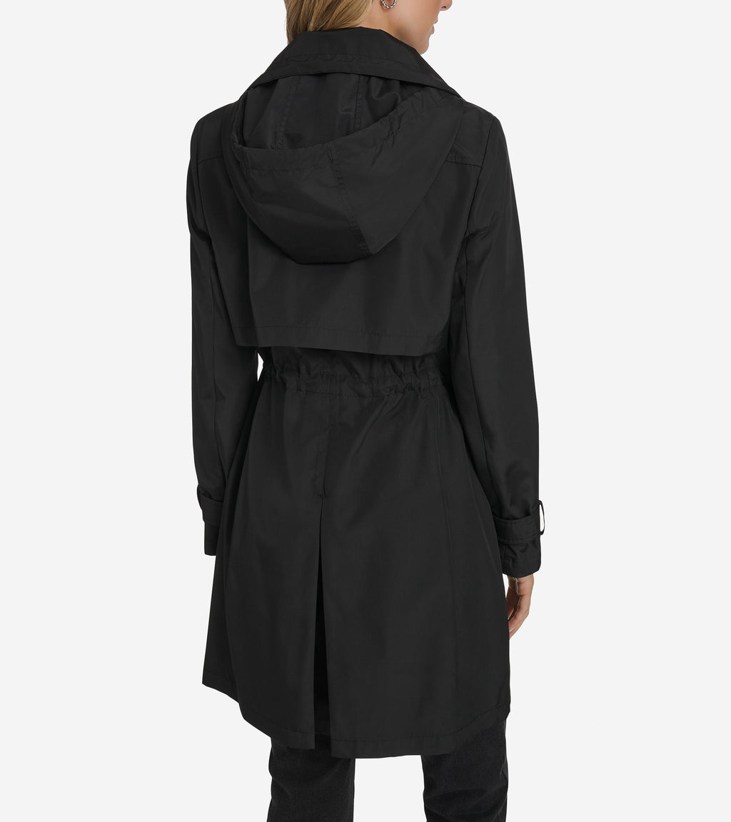 Women's Zip Up Trench Coat with Stow Away Hood-Black