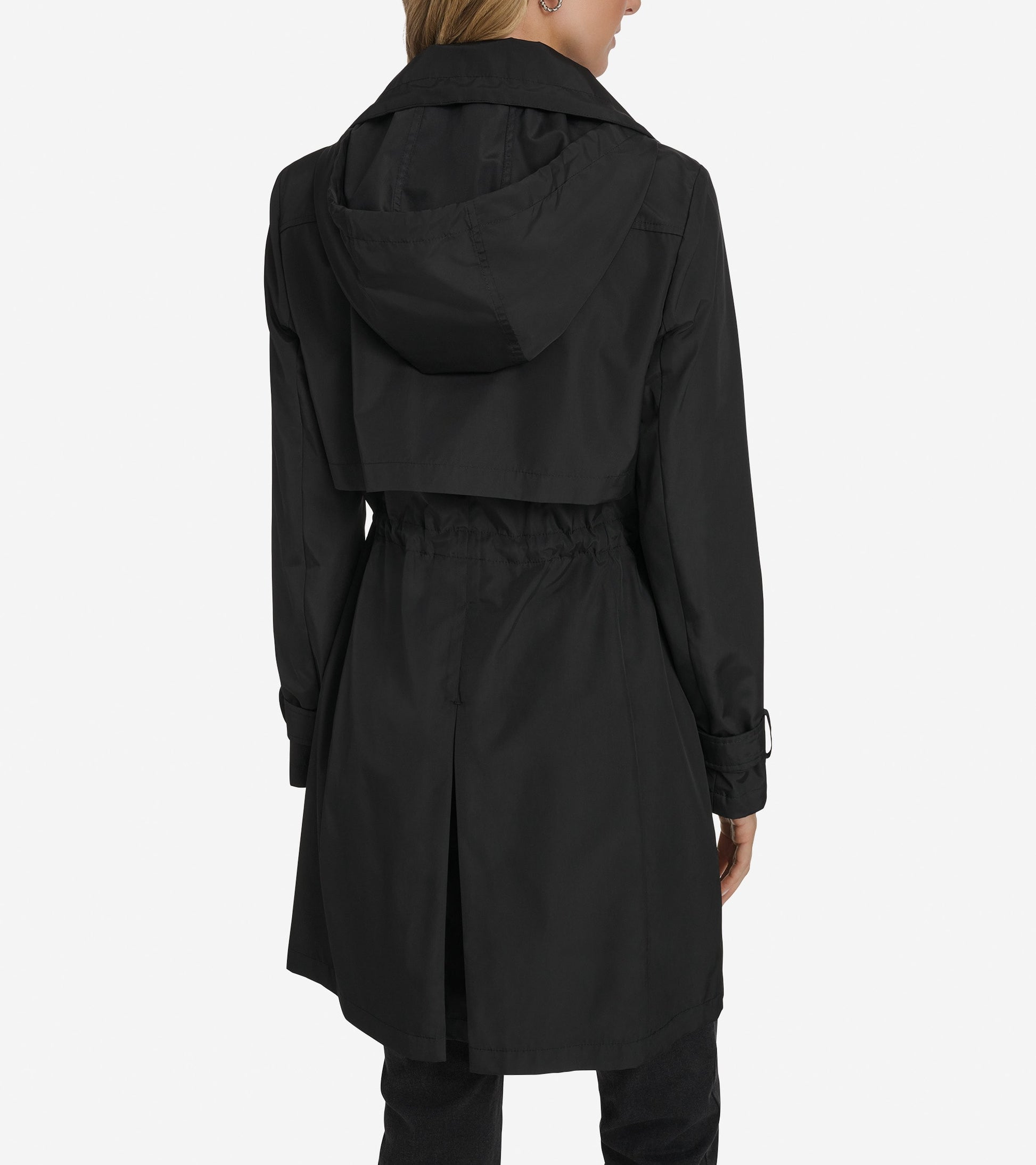 Women's Zip Up Trench Coat with Stow Away Hood-Black