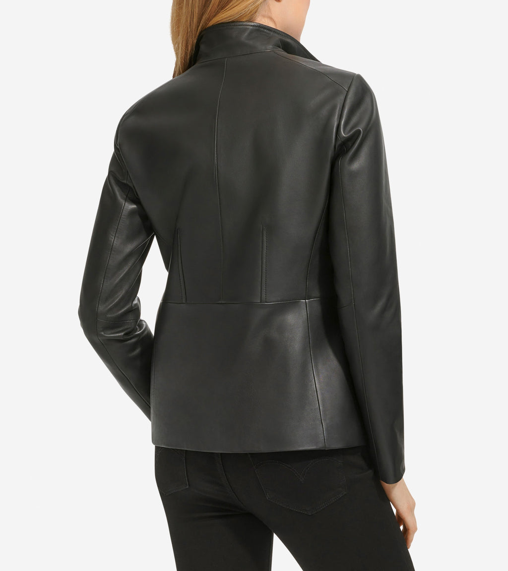 Women's Wing Collar Zip Up Leather Jacket-Black