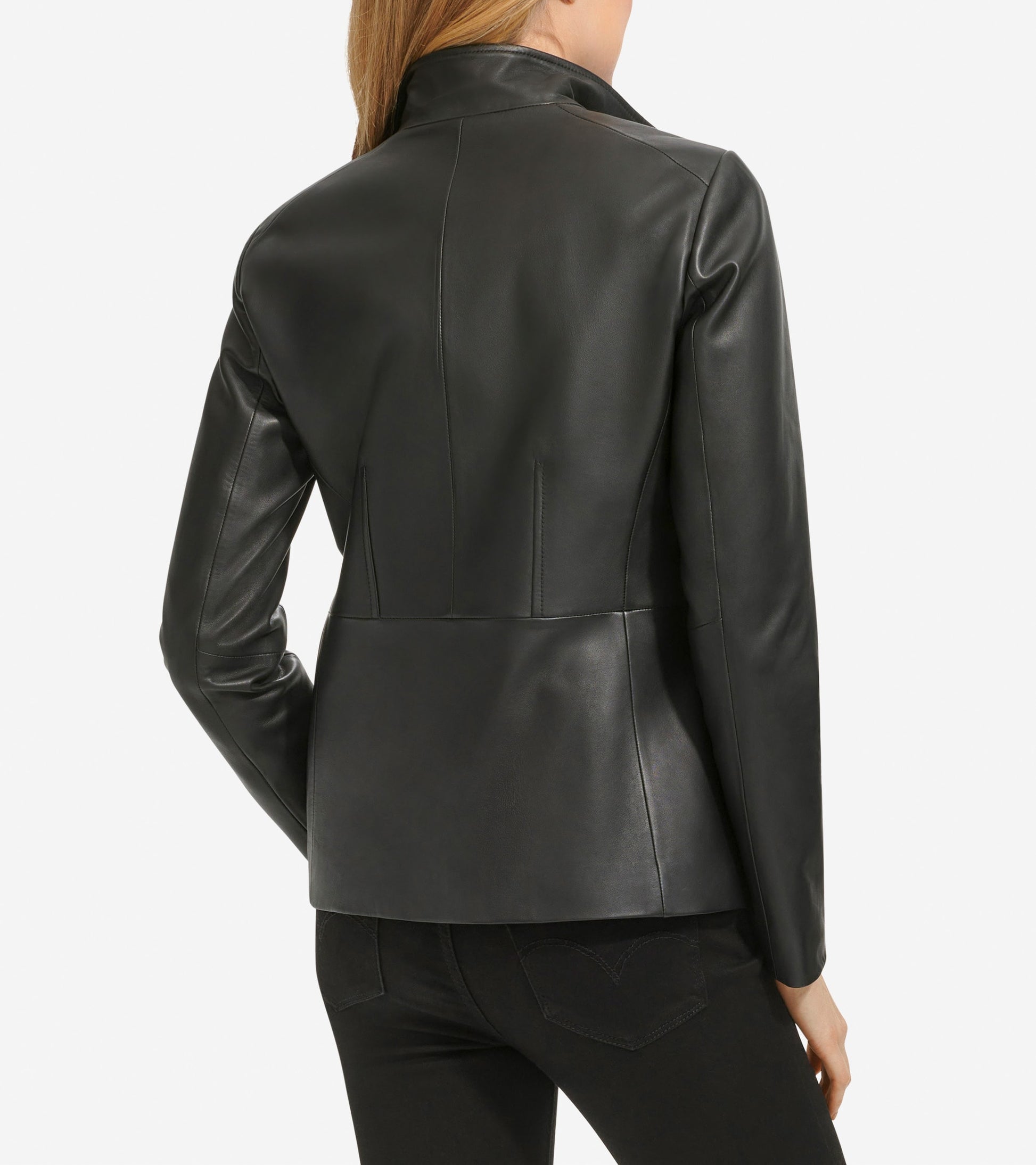 Women's Wing Collar Zip Up Leather Jacket-Black