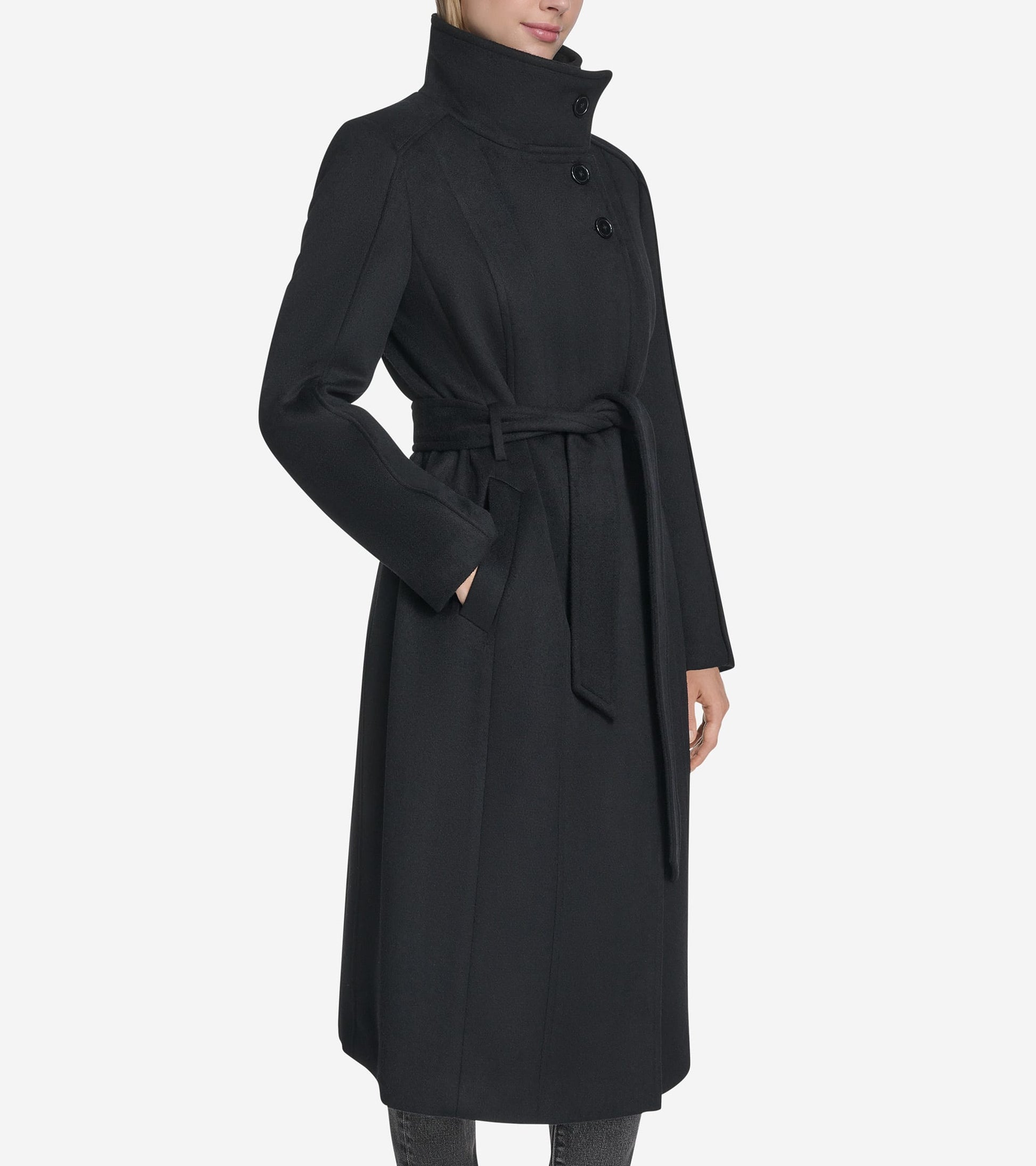 Women's Slick Wool Belted Coat-Black