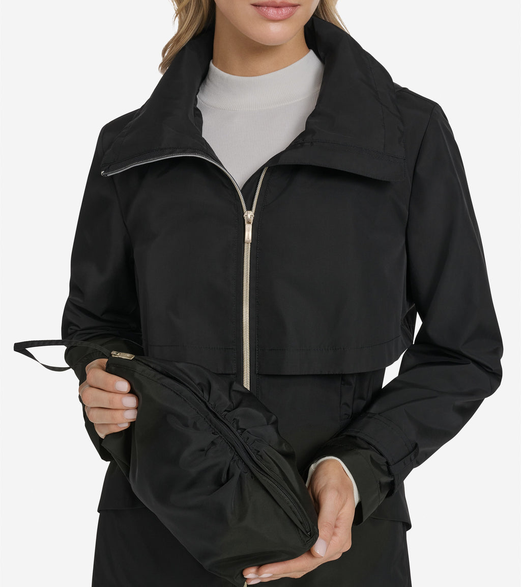 Women's Zip Up Trench Coat with Stow Away Hood-Black