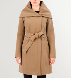 Women's Belted Asymmetrical Zip Front Twill Coat-Beige