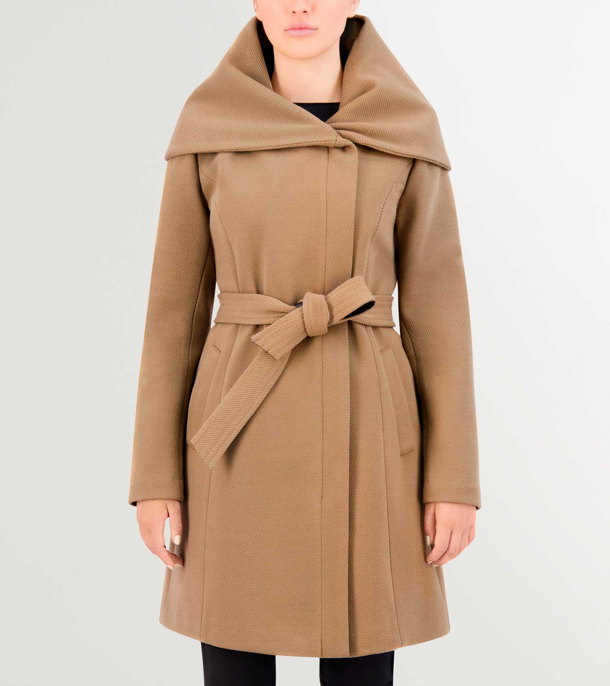 Women's Belted Asymmetrical Zip Front Twill Coat-Beige