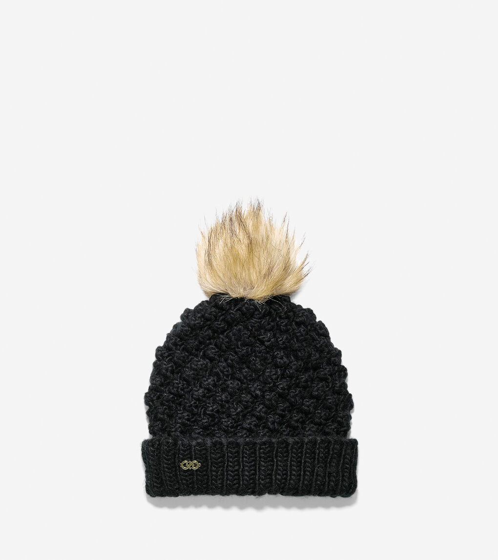 Popcorn Stitch Faux Fur Pom Hat