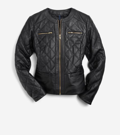 Women's Collarless Quilted Leather Jacket