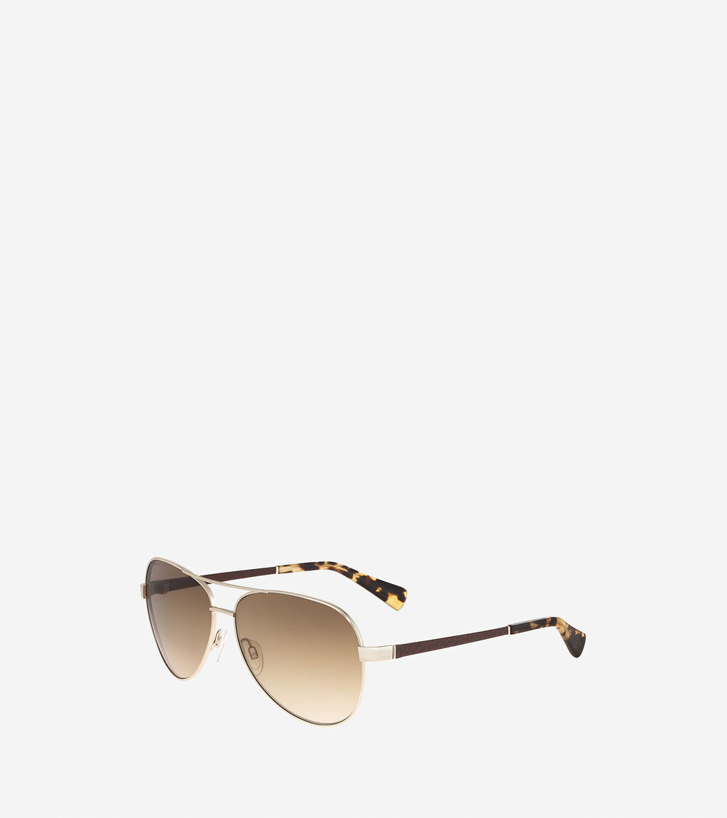 Metal Aviator Sunglasses with Leather in Gold | Cole Haan