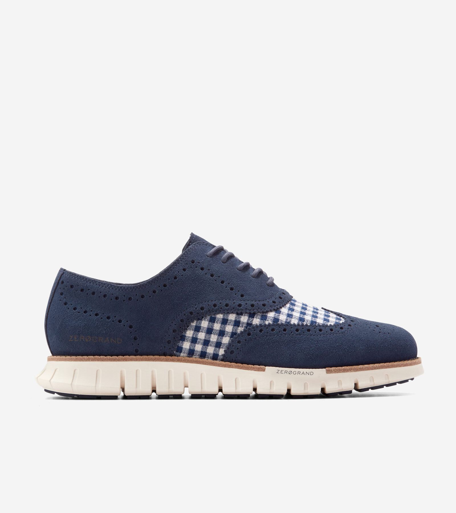 Cole Haan Zerøgrand Remastered Wingtip Ox Lined In Navy Blazer Blue Gingham-ivory