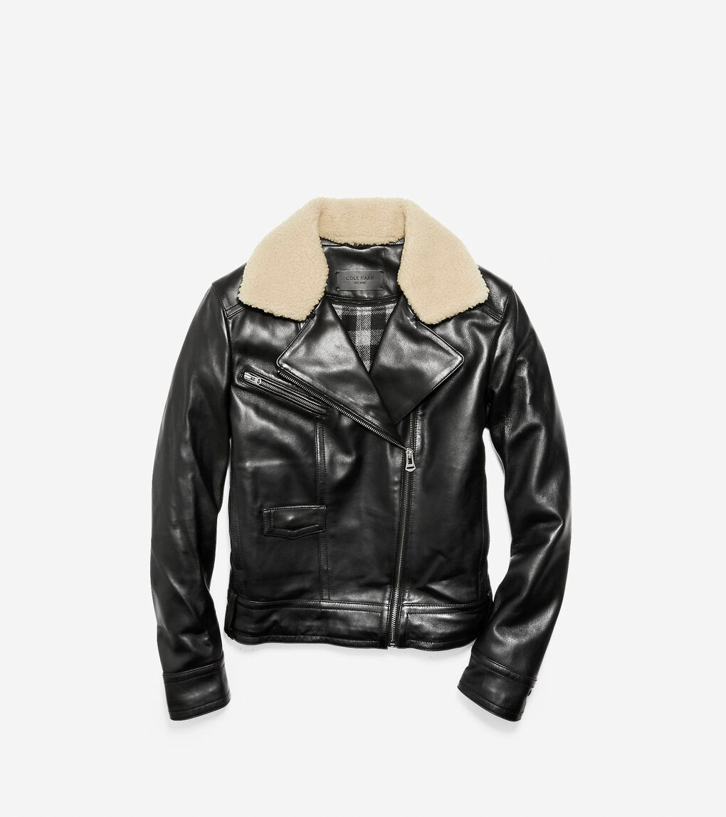 Leather Moto Jacket With Shearling Collar