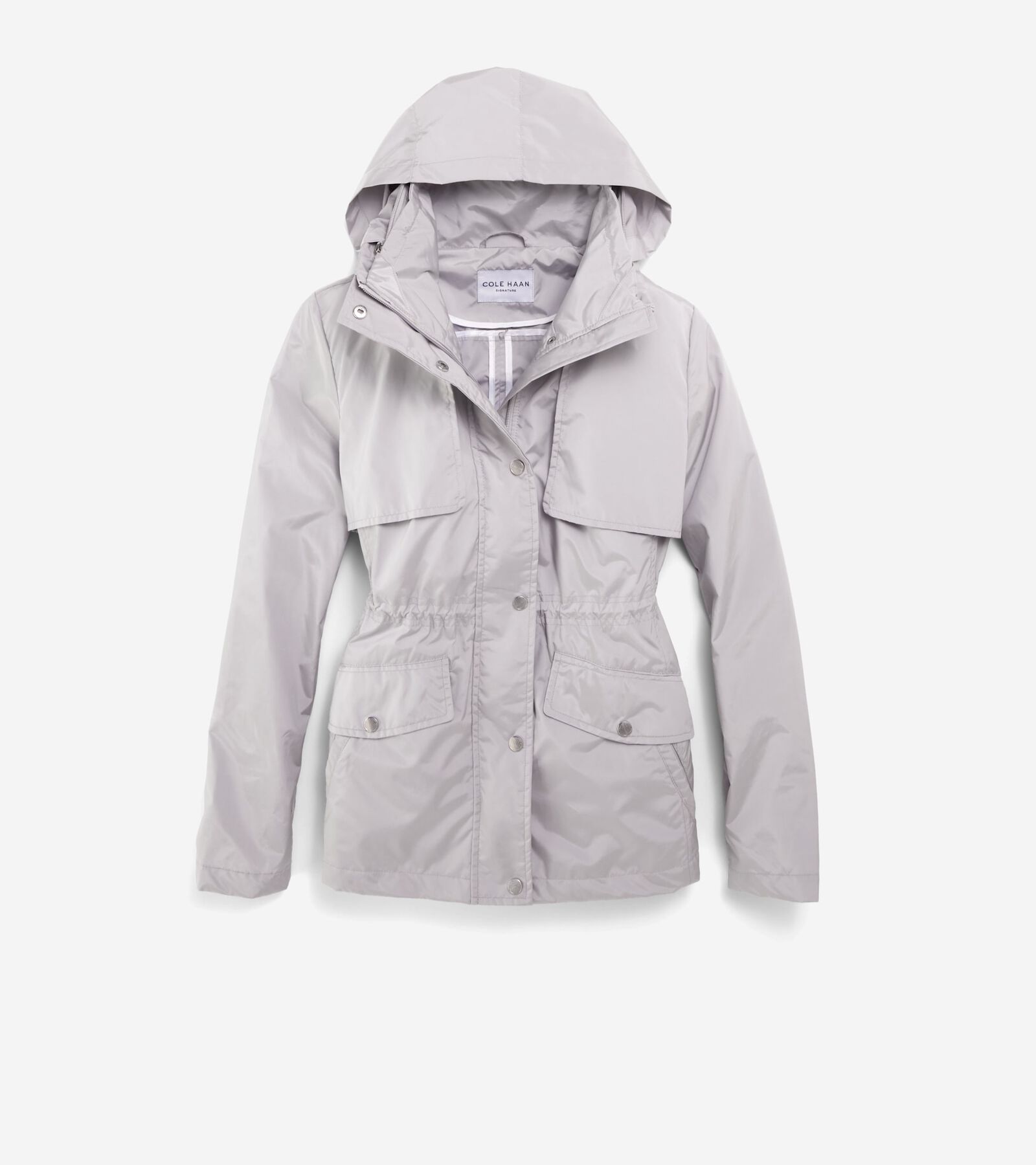 Shop Cole Haan Short Packable Rain Jacket In Pearl Gray
