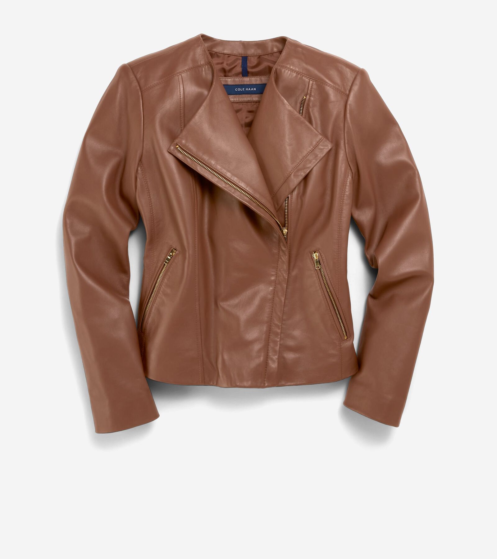 Cole Haan Asymmetrical Leather Jacket In Hickory Brown