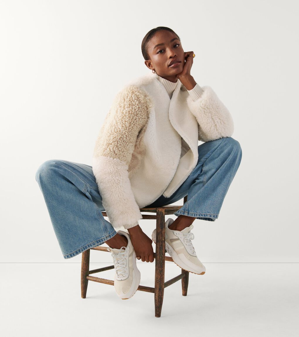 COLLARLESS PATCHWORK SHEARLING JACKET
