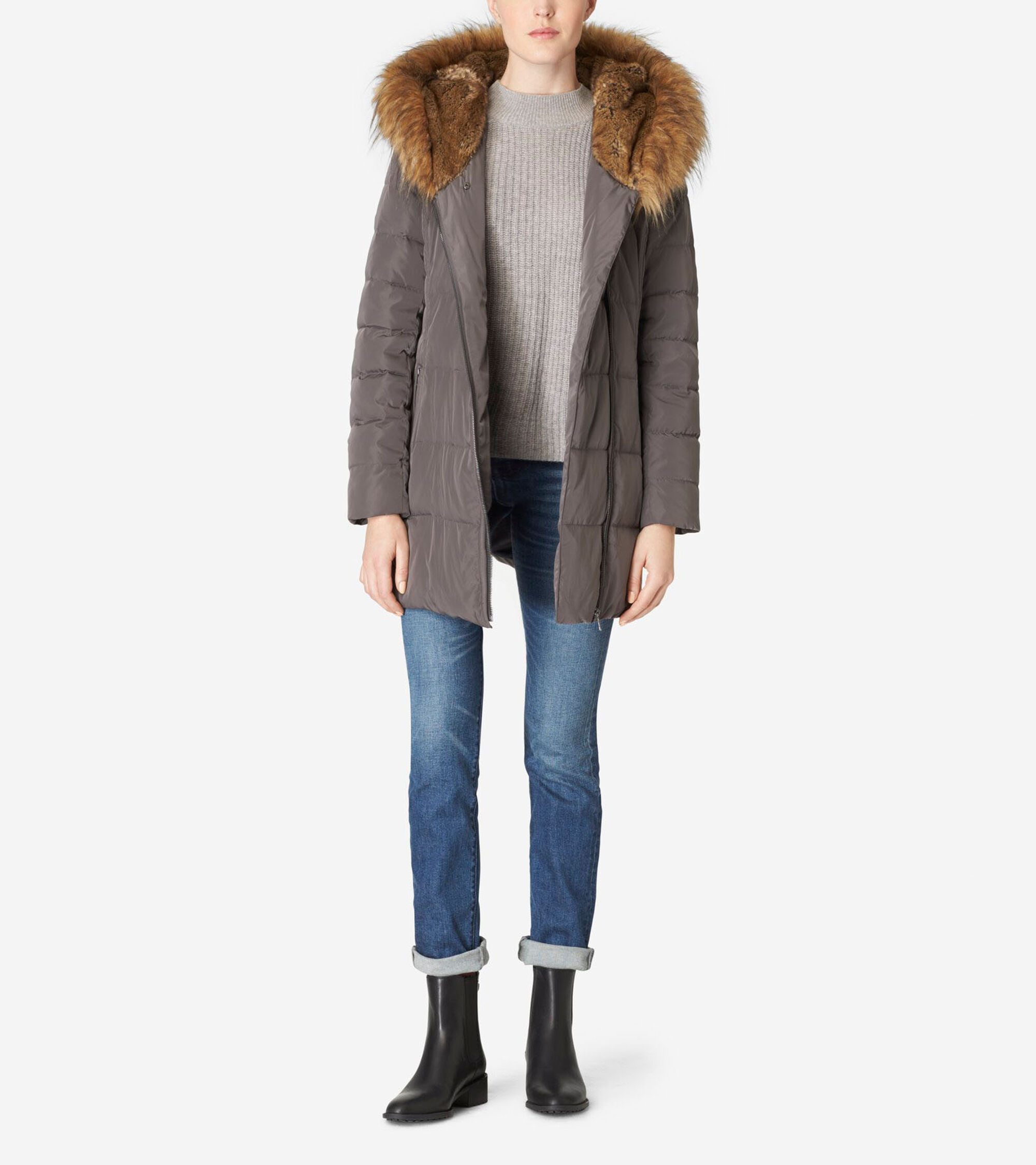 Faux Fur Lined Quilted Down Jacket in Carbon | Cole Haan Outlet