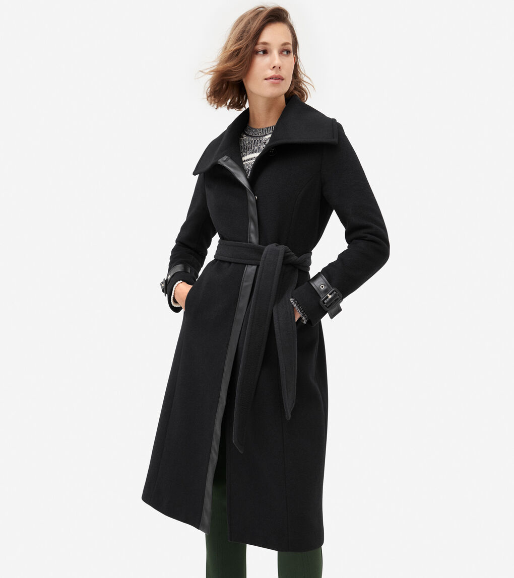 WOMENS Wool Wrap Coat With Leather Trim