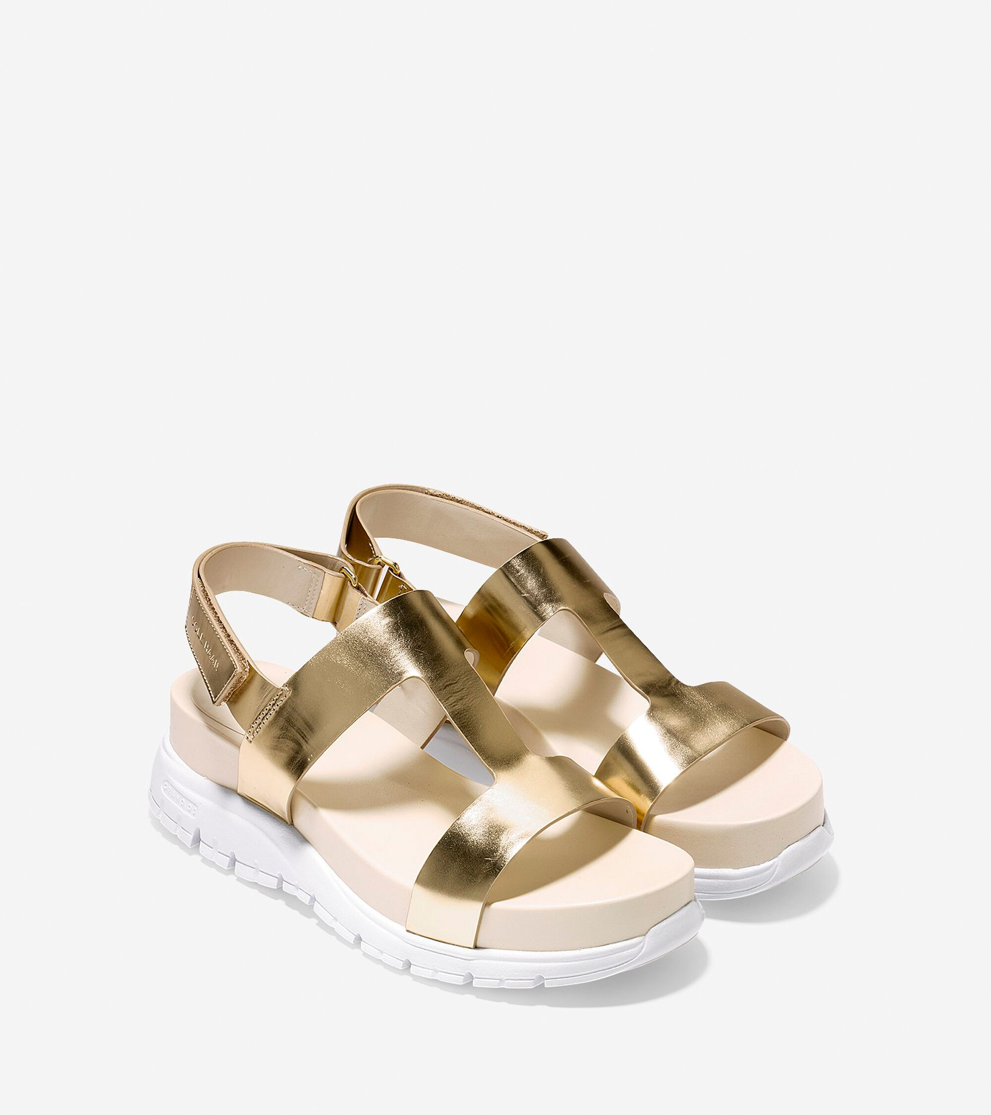 ZEROGRAND T-Strap Sandals in Gold Metallic-White | Cole Haan
