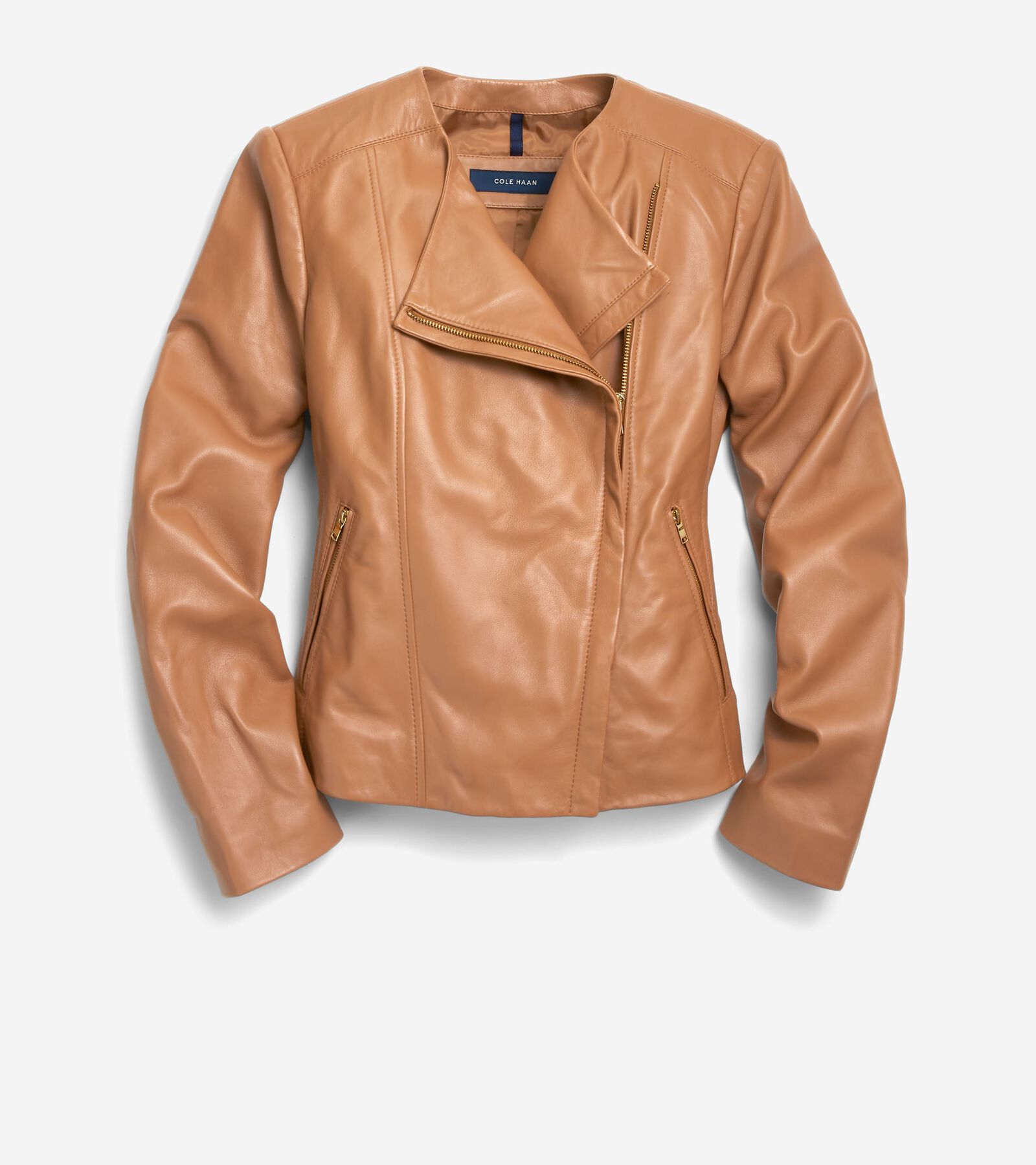 Cole Haan Asymmetrical Leather Jacket In Hazelnut