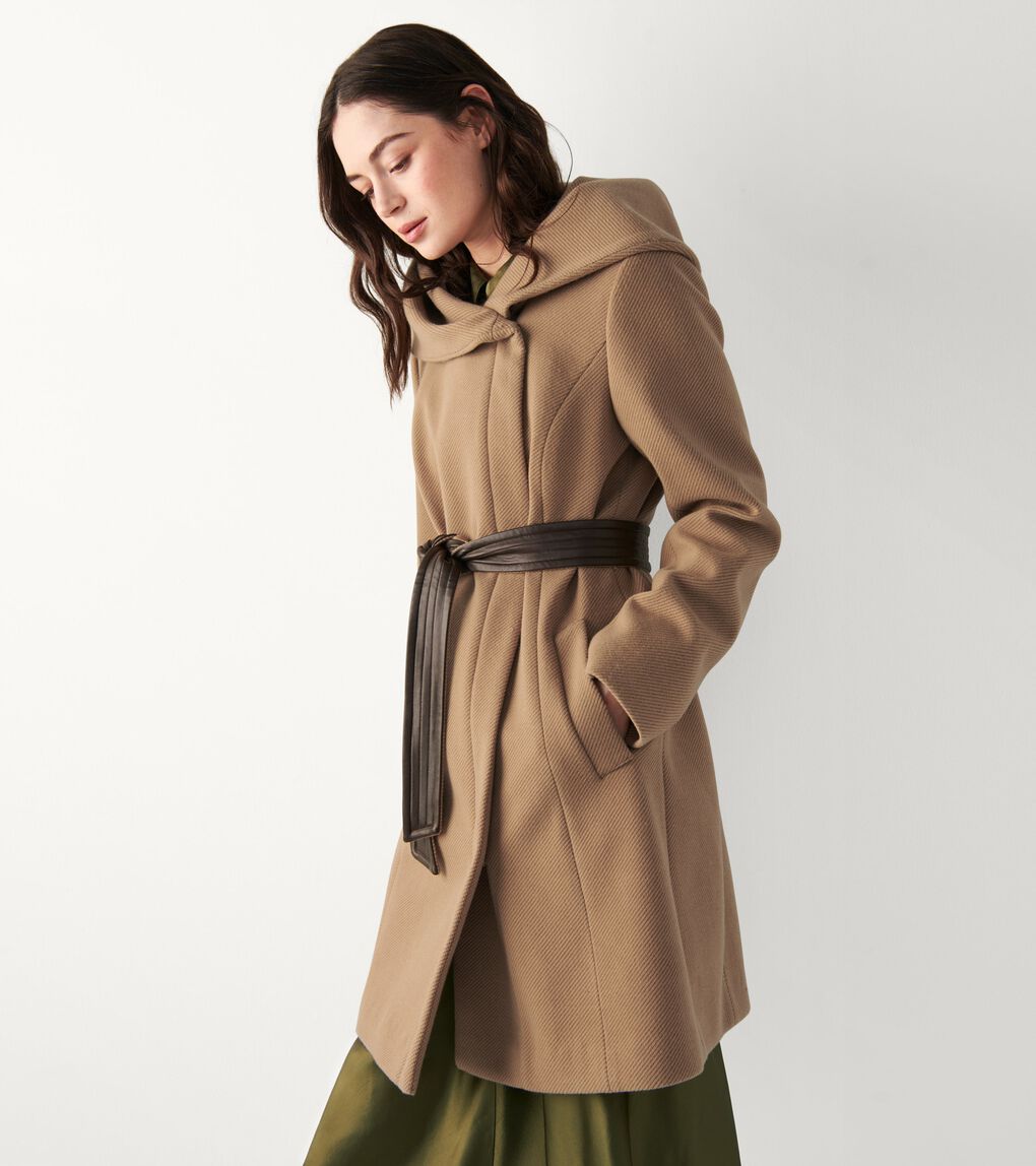 BELTED AYSMMETRICAL ZIP FRONT TWILL COAT